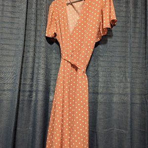 Pink polkadot flutter sleeve wrap dress